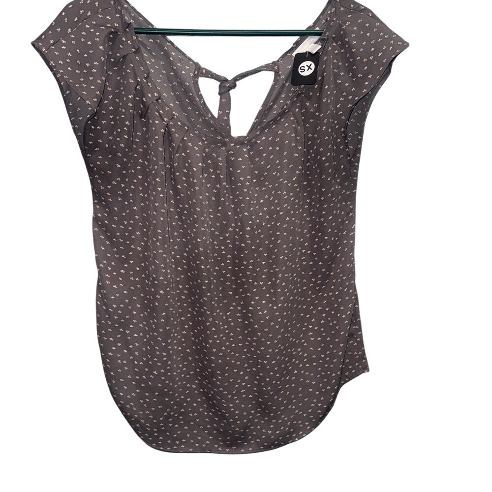 Lauren‎ Conrad Womens XS Gray Ditsy Floral Cap Sleeve V-Neck Tie Back Blouse Top
